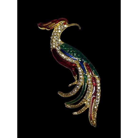 Vintage Peacock Brooch Pink Colorful Sparkling Gems Red Green Blue Enamel Large - Picture 2 of 2